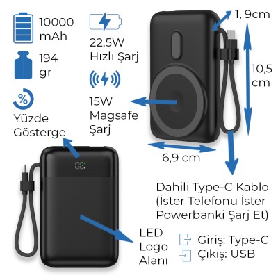15W Magsafe Işıklı Logo Powerbank 10000 mAh - Siyah