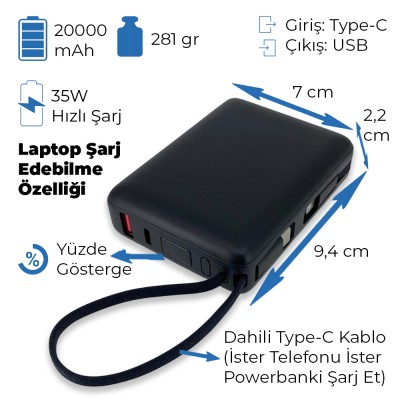 35W Hızlı Şarj Powerbank 20000 mAh (Laptop Şarj Edebilir) - Siyah