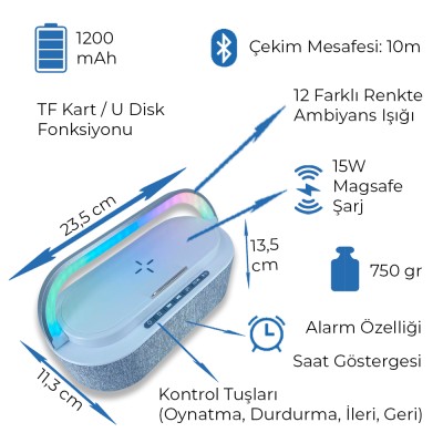 15W Kablosuz Şarj Standı Hoparlör - Beyaz