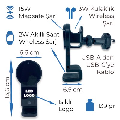 Araç İçi Kablosuz Şarj Standı (Telefon, Saat, Kulaklık) - Siyah
