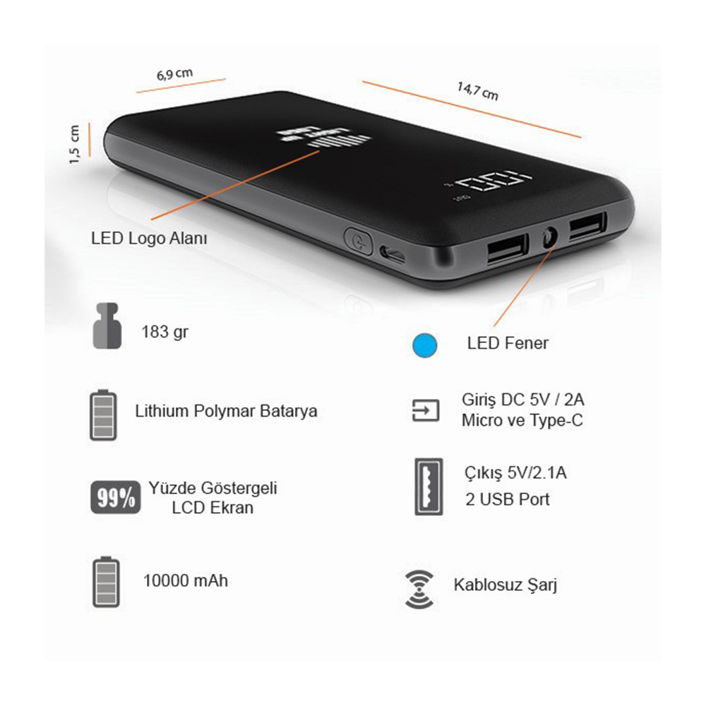 Işıklı Logo Wireless Powerbank 10000 mAh