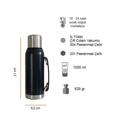 Termos 1000 ml (24 Saat Isı Koruma) - Siyah
