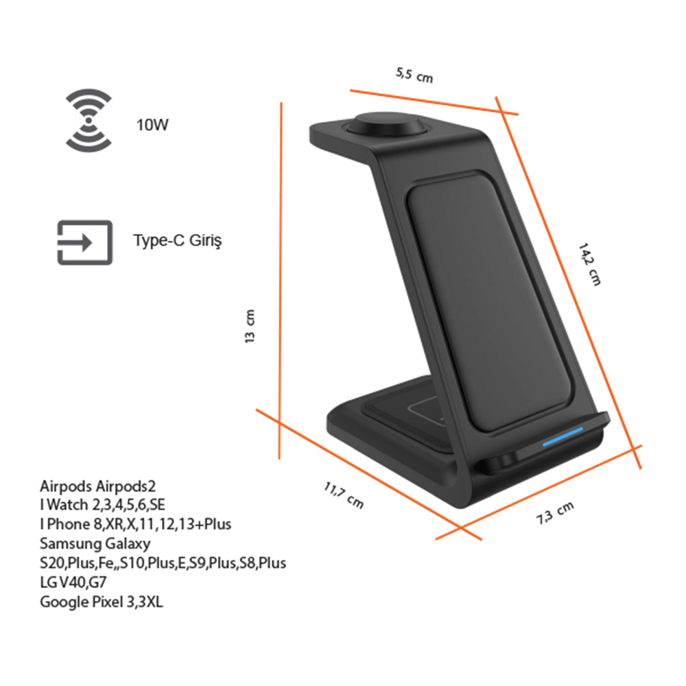 Kablosuz Şarj Standı (Telefon, Saat, Kulaklık)