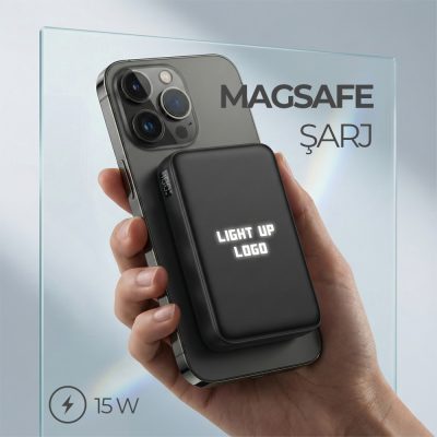 Işıklı Logo Hızlı Wireless Şarj Magsafe 10000 mAh - Siyah
