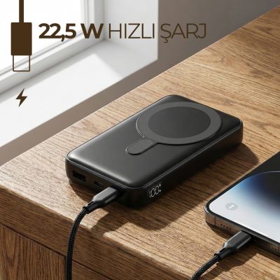Işıklı Logo Hızlı Wireless Şarj Magsafe 10000 mAh - Siyah