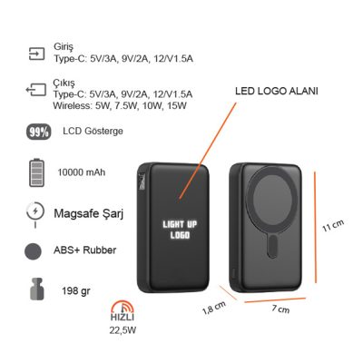 Işıklı Logo Hızlı Wireless Şarj Magsafe 10000 mAh - Siyah