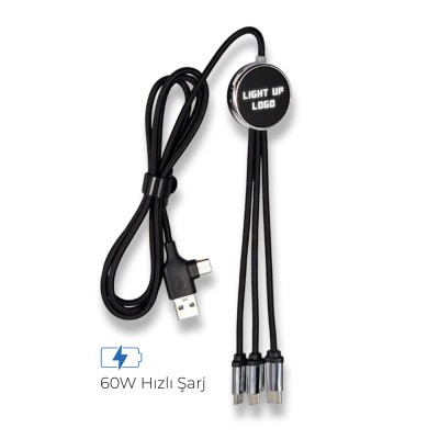 Promosyon Işıklı Logo 60W Hızlı Type-C Uçlu Data Transferli Şarj Kablosu Resmi