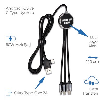 Işıklı Logo 60W Hızlı Type-C Uçlu Data Transferli Şarj Kablosu