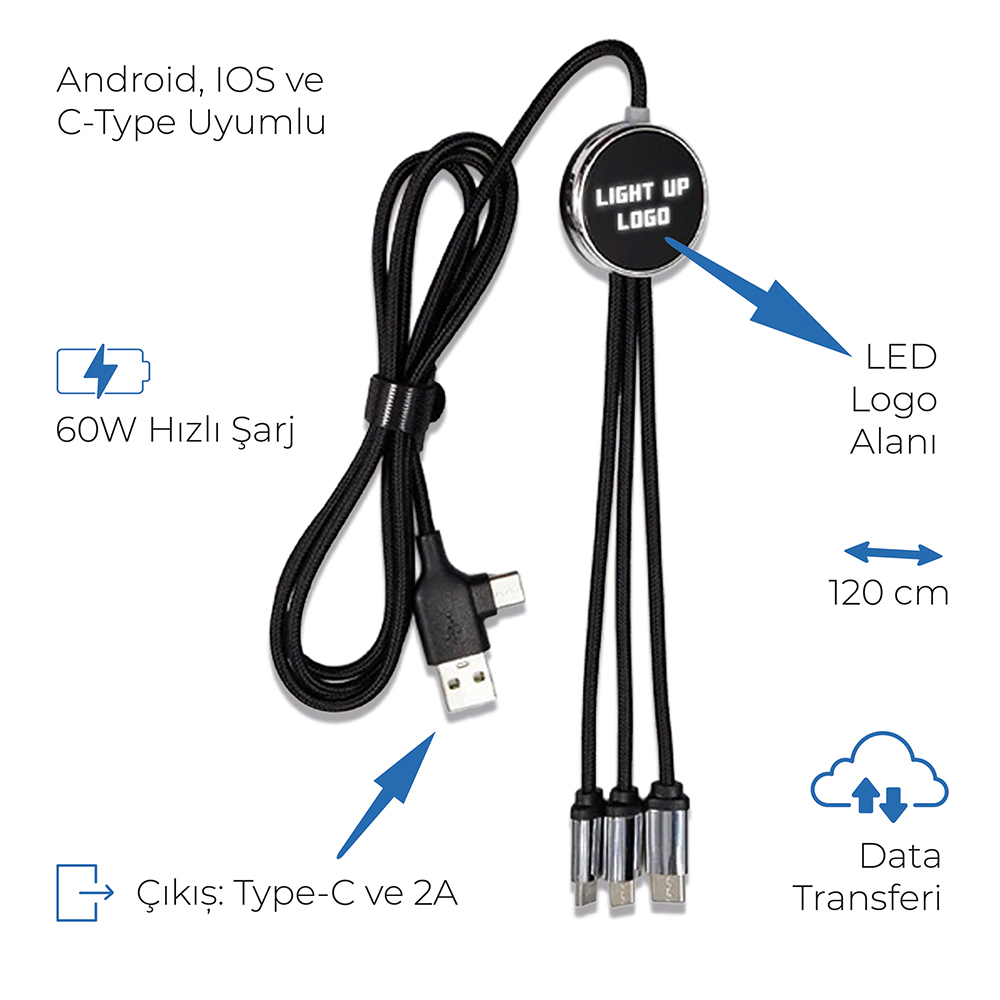 Işıklı Logo 60W Hızlı Type-C Uçlu Data Transferli Şarj Kablosu