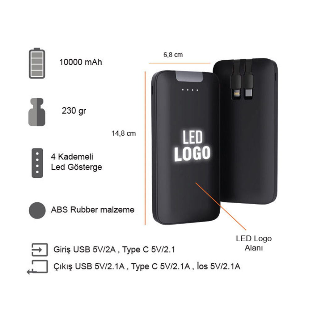 Işıklı Logo Dahili Kablolu Powerbank 10000 mAh