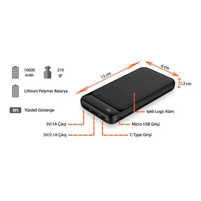 Işıklı Logo Powerbank 10000 mAh - Siyah