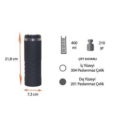 Termos Tipi Çelik Bardak 400 ml - Siyah