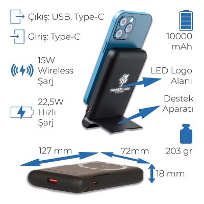 Işıklı Logo Magsafe 10000 mAh - Siyah