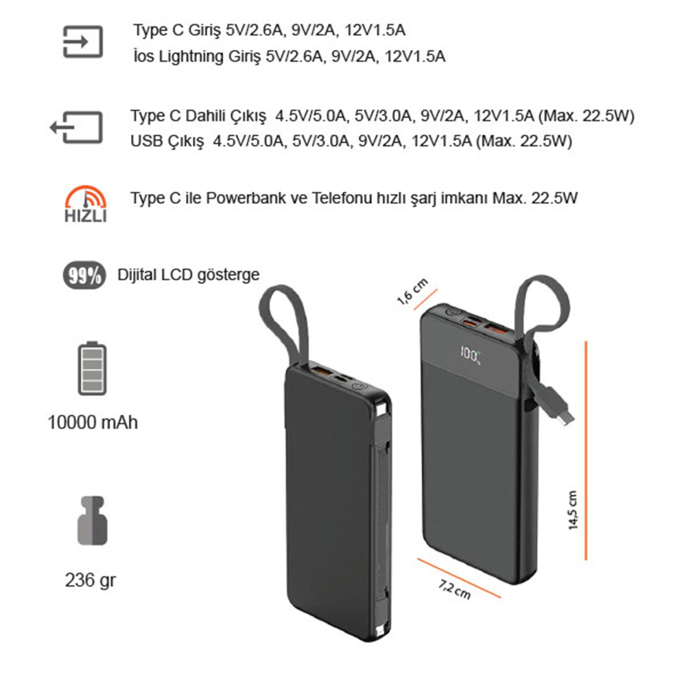 Hızlı Şarj Dahili Kablolu Powerbank 10000 mAh
