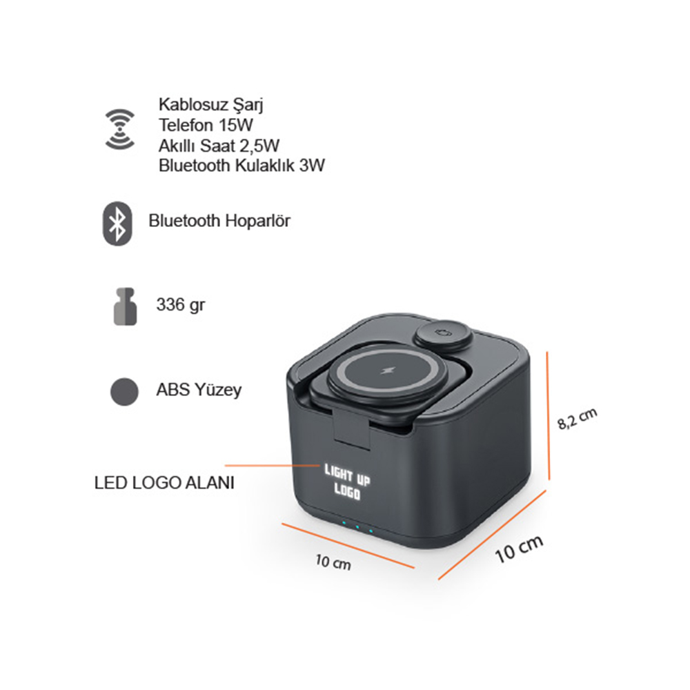 Işıklı Logo Hoparlörlü Magsafe Şarj Standı (Telefon, Kulaklık, Saat)