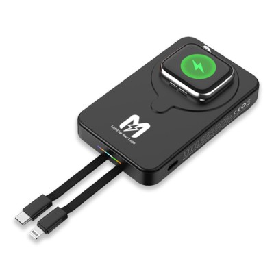 Işıklı Logo 15W MagSafe Powerbank 10000 mAh (Telefon, Saat, Kulaklık)) - Siyah
