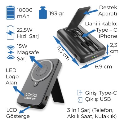 Işıklı Logo 15W MagSafe Powerbank 10000 mAh (Telefon, Saat, Kulaklık)) - Siyah