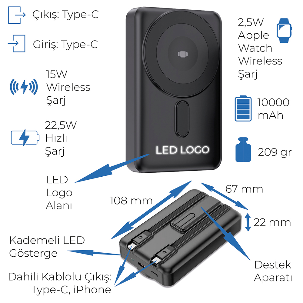 Işıklı Logo Magsafe 10000 mAh