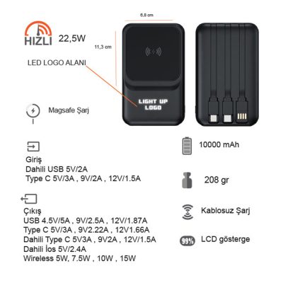 Işıklı Logo Hızlı Wireless Şarj Magsafe 10000 mAh - Siyah