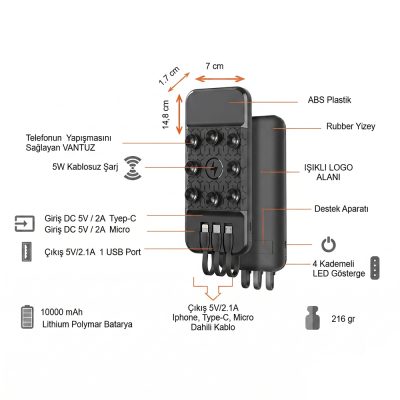 Işıklı Logo Wireless Powerbank 10000 mAh - Siyah