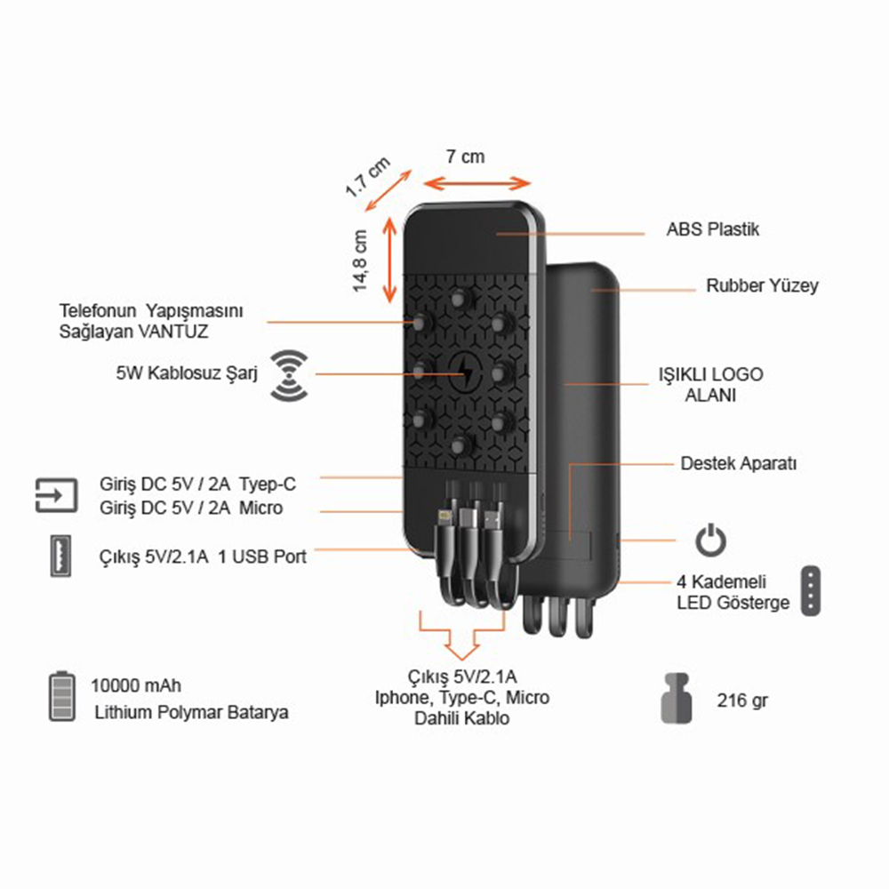 Işıklı Logo Wireless Powerbank 10000 mAh