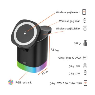 Kablosuz Şarj Standı (Telefon, Saat, Kulaklık) - Siyah