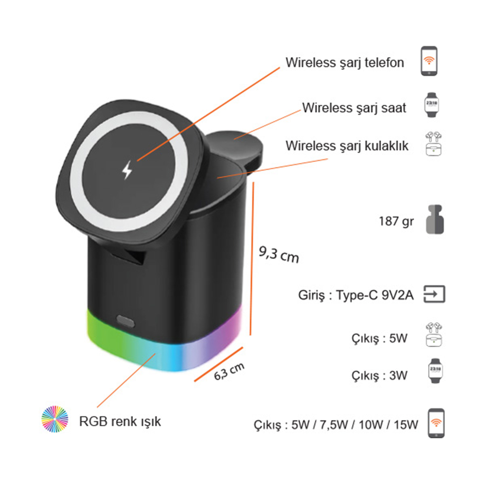 Kablosuz Şarj Standı (Telefon, Saat, Kulaklık)