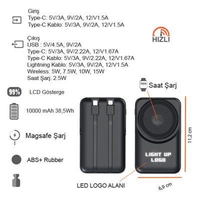 Işıklı Logo Hızlı Wireless Şarj Magsafe 10000 mAh - Siyah