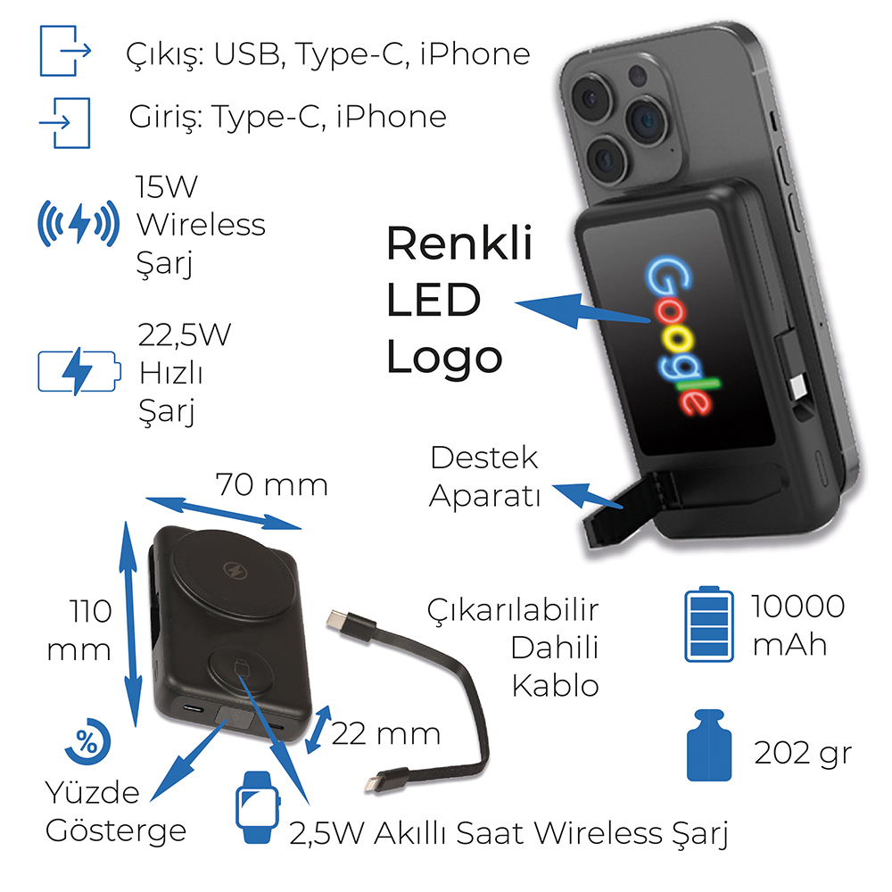 Renkli Işıklı Logo Magsafe 10000 mAh